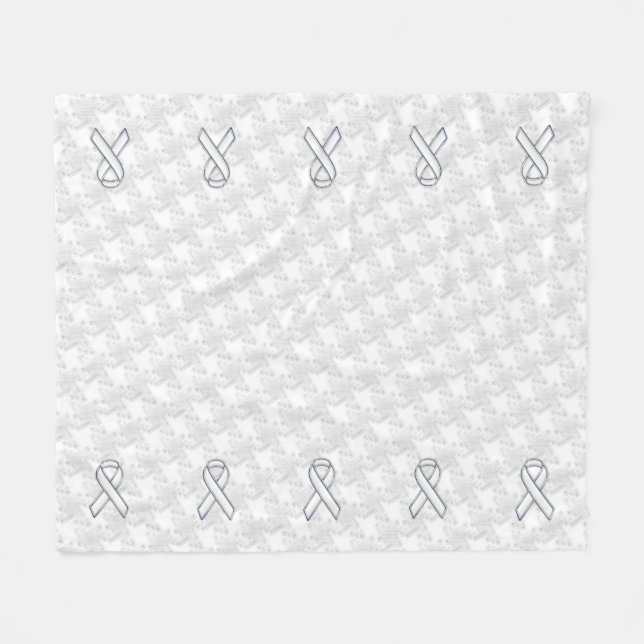 Chrome White Ribbon Awareness on Houndstooth Style Fleece Blanket (Front (Horizontal))