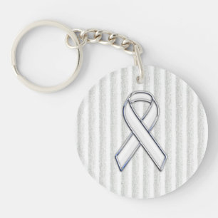 Chrome White Ribbon Awareness on Vertical Stripes Key Ring