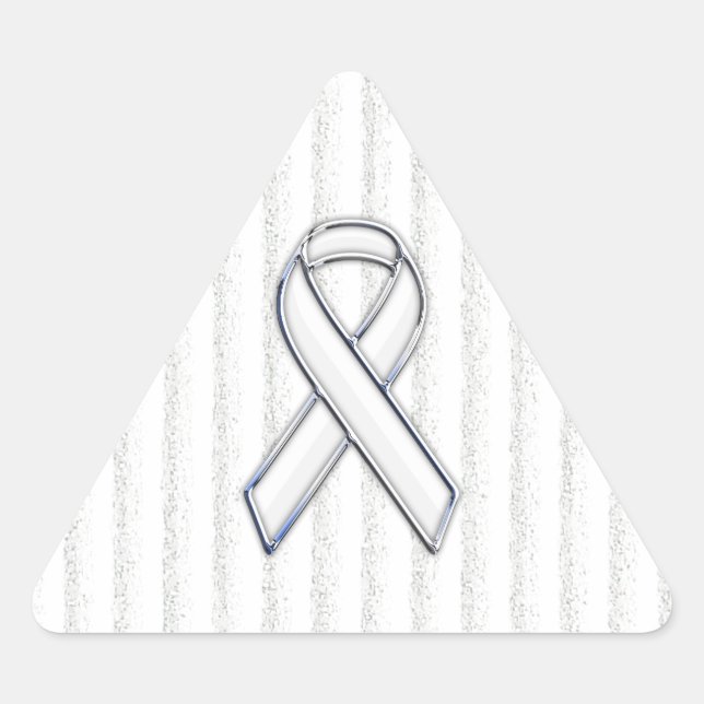 Chrome White Ribbon Awareness on Vertical Stripes Triangle Sticker (Front)
