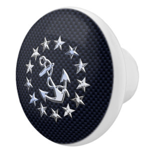 Chrome Yacht Flag on Navy Carbon Fibre Print Ceramic Knob