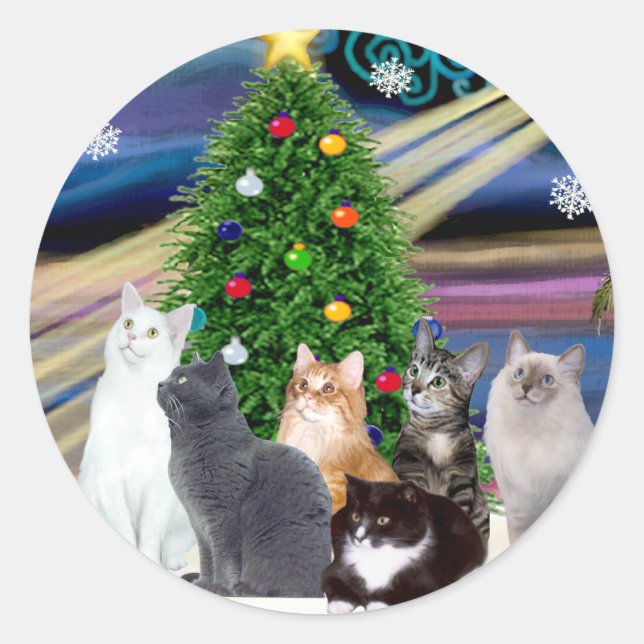 Chrstmas Magic - Six cats (variety) Classic Round Sticker (Front)