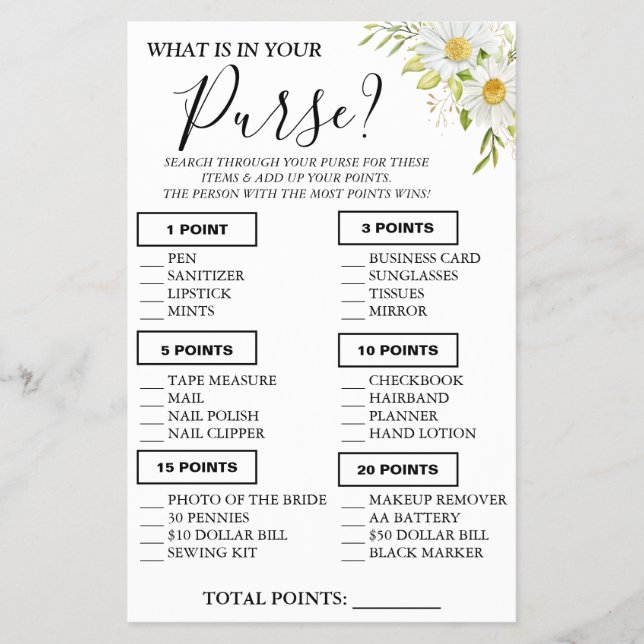 Chrysanthem What is in your purse Shower game card (Front)