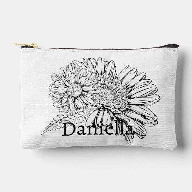 Chrysanthemum Black Line Drawing with Your Name  Accessory Pouch (Front)