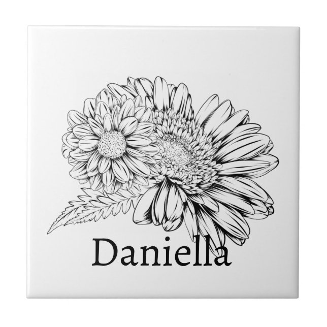 Chrysanthemum Black Line Drawing with Your Name  Ceramic Tile (Front)