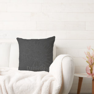 Chrysanthemum Black Line Drawing with Your Name  Cushion