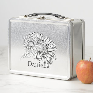 Chrysanthemum Black Line Drawing with Your Name Metal Lunch Box
