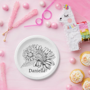 Chrysanthemum Black Line Drawing with Your Name Paper Plate
