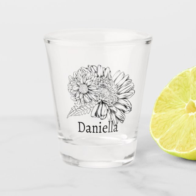 Chrysanthemum Black Line Drawing with Your Name  Shot Glass (Front)