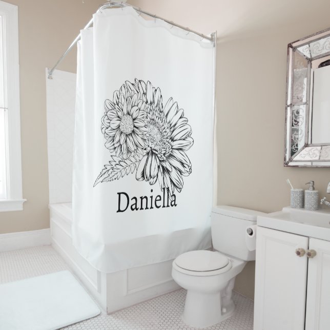Chrysanthemum Black Line Drawing with Your Name  Shower Curtain (In Situ)