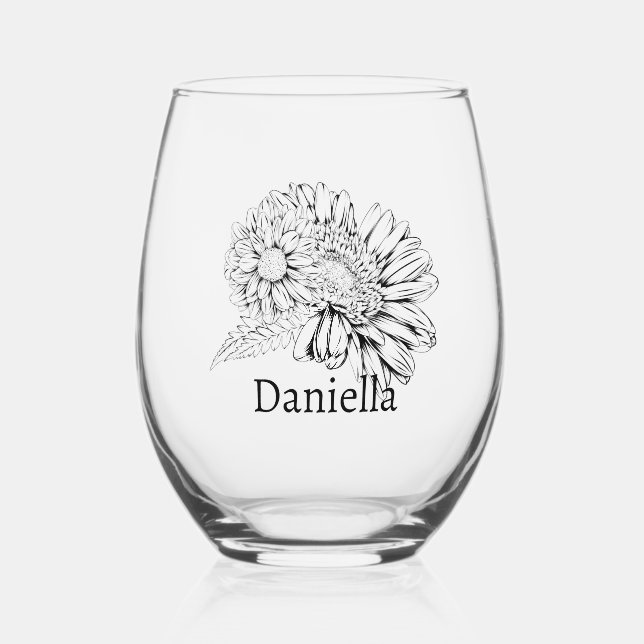 Chrysanthemum Black Line Drawing with Your Name  Stemless Wine Glass (Front)