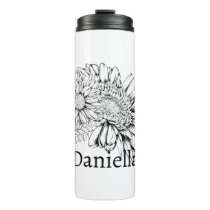 Chrysanthemum Black Line Drawing with Your Name  Thermal Tumbler