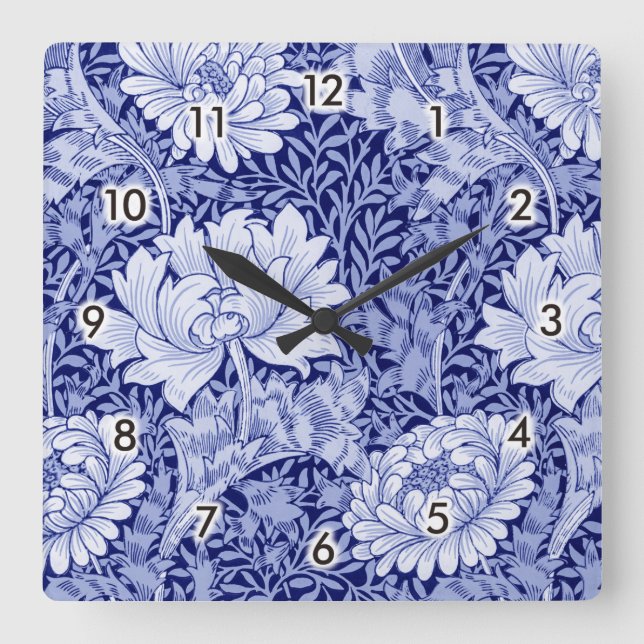 Chrysanthemum Blue, William Morris Square Wall Clock (Front)
