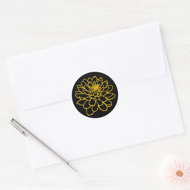 Chrysanthemum Drawing - Amber on Black Classic Round Sticker (Envelope)