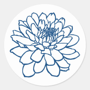 Chrysanthemum Drawing - Indigo Style Blue Classic Round Sticker