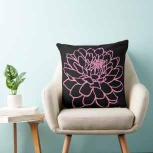 Chrysanthemum Drawing - Pink on Black Cushion