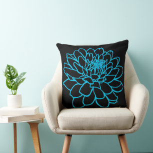 Chrysanthemum Drawing -  Sky Blue on Black Cushion