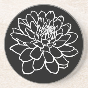Chrysanthemum Drawing - White on Black Coaster