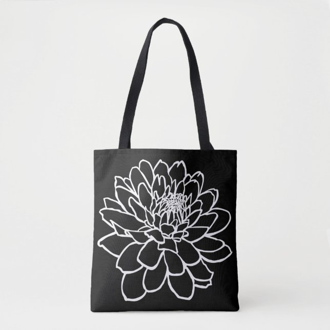 Chrysanthemum Drawing - White on Black Tote Bag (Front)