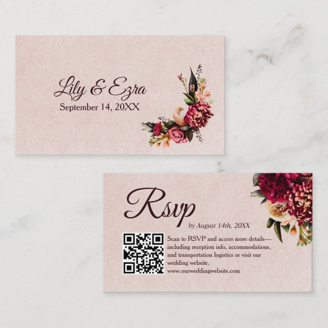 Chrysanthemum Elegant Burgundy RSVP Card QR Code (Front/Back)