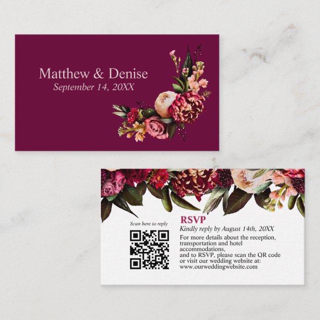 Chrysanthemum Elegant Burgundy RSVP Card QR Code (Front/Back)