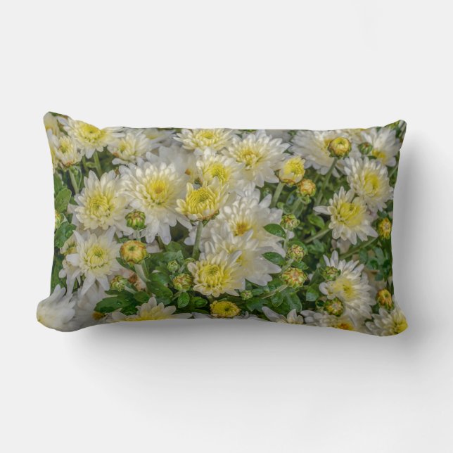 Chrysanthemum Floral Yellow Green White Lumbar Cushion (Front)