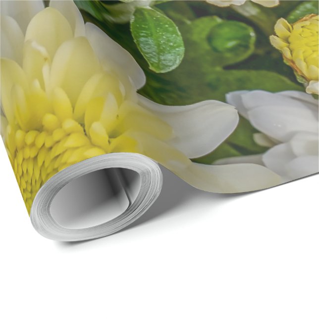 Chrysanthemum Floral Yellow Green White Wrapping Paper (Roll Corner)