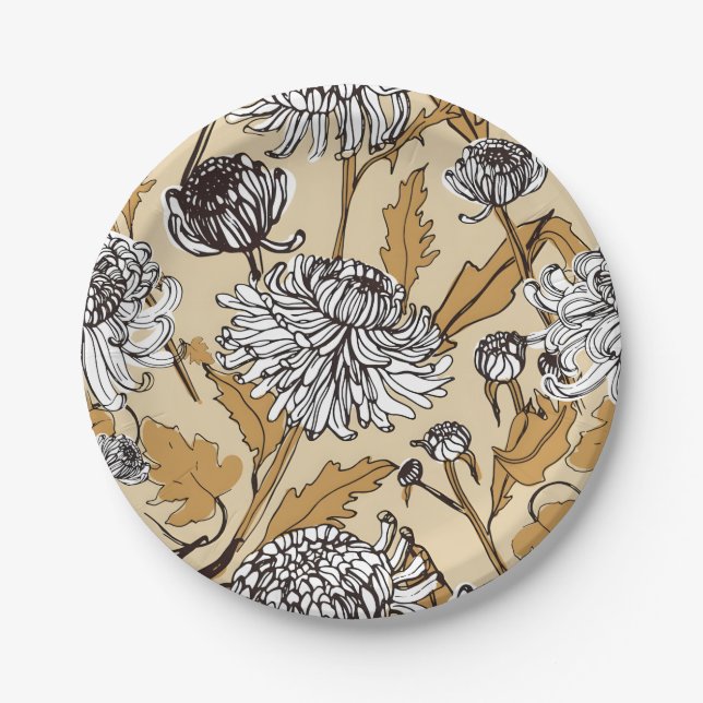 Chrysanthemum Flower Seamless Pattern Paper Plate (Front)