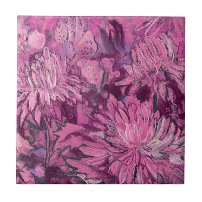 Chrysanthemum Flowers Floral Painting Pink Maroon Ceramic Tile (Front)