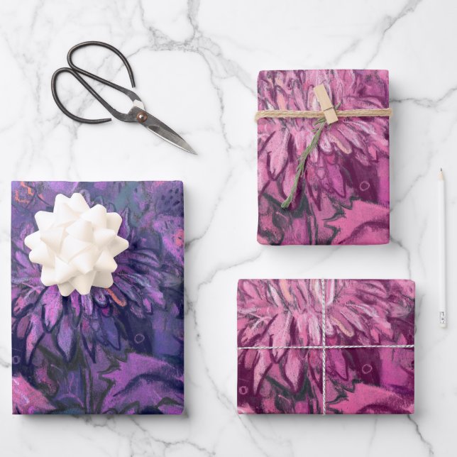 Chrysanthemum Flowers Floral Painting Violet Pink Wrapping Paper Sheet (Front)