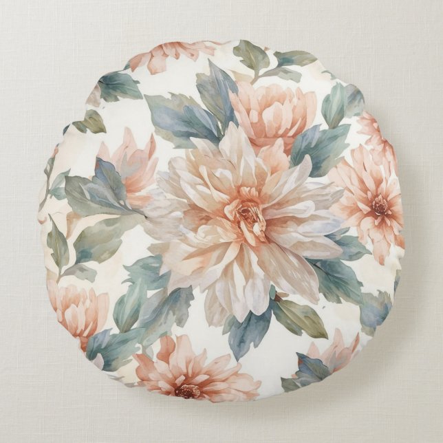 Chrysanthemum Flowers Watercolor Botanical Pattern Round Cushion (Front)