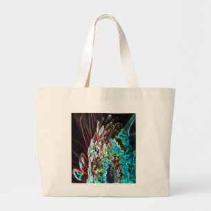 Chrysanthemum Glow Art Blue Green, White, and Red Large Tote Bag