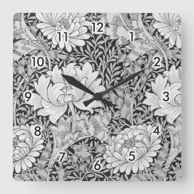 Chrysanthemum Gray, William Morris Square Wall Clock (Front)