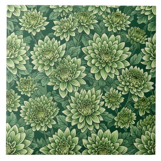 Chrysanthemum green flower pattern ceramic tile (Front)