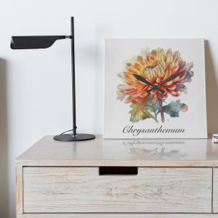 chrysanthemum in watercolor, customisable square wall clock