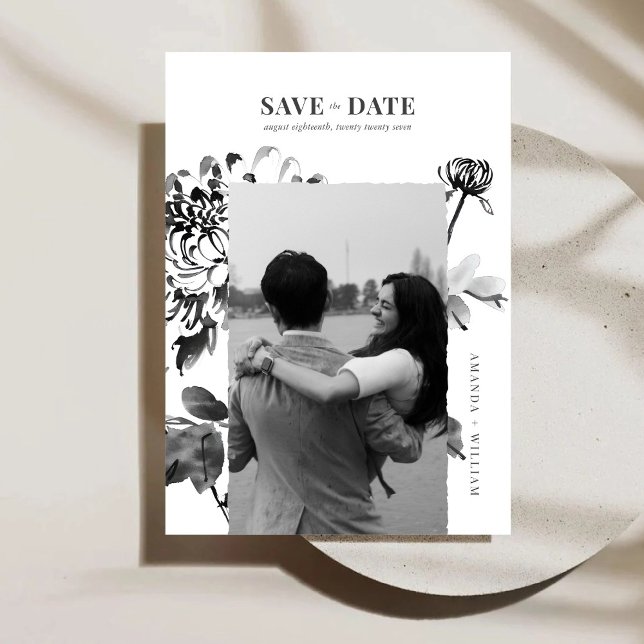 Chrysanthemum Ink Art Photo Save The Date Card (Creator Uploaded)