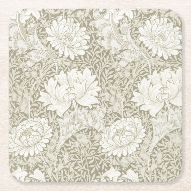 Chrysanthemum Ivory, William Morris Square Paper Coaster (Front)