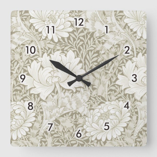 Chrysanthemum Ivory, William Morris Square Wall Clock (Front)