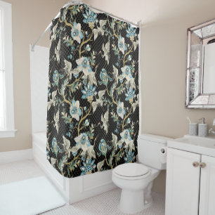 Chrysanthemum Japanese Red Crown Crane Bird Black Shower Curtain