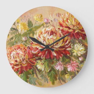 Chrysanthemum Meadow: Acrylic Hand Painting. Large Clock
