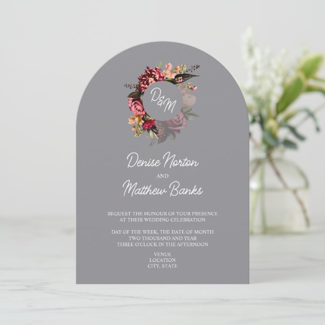 Chrysanthemum Monogram on Chiseled Stone Invitation (Standing Front)