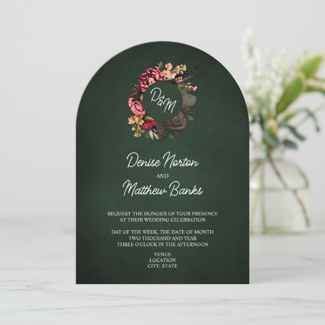 Chrysanthemum Monogram on Emerald Invitation (Standing Front)