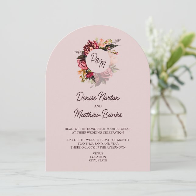 Chrysanthemum Monogram on Mauve Chalk Invitation (Standing Front)