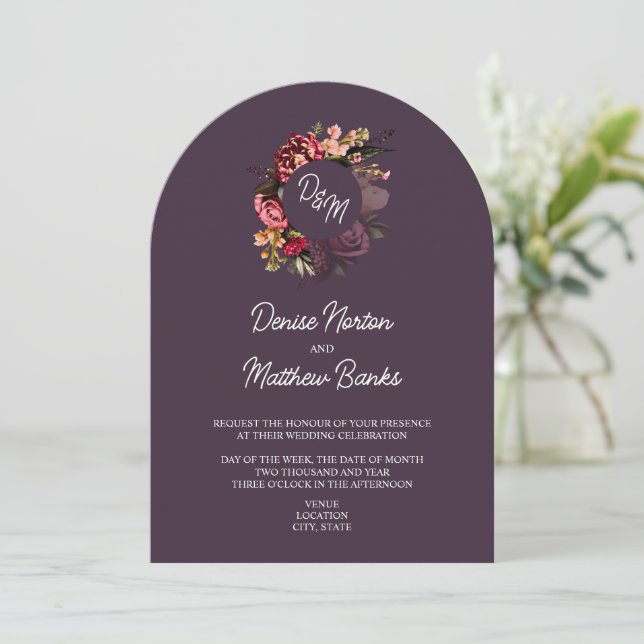 Chrysanthemum Monogram on Midnight Plum Invitation (Standing Front)