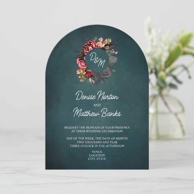 Chrysanthemum Monogram on Teal Invitation (Standing Front)