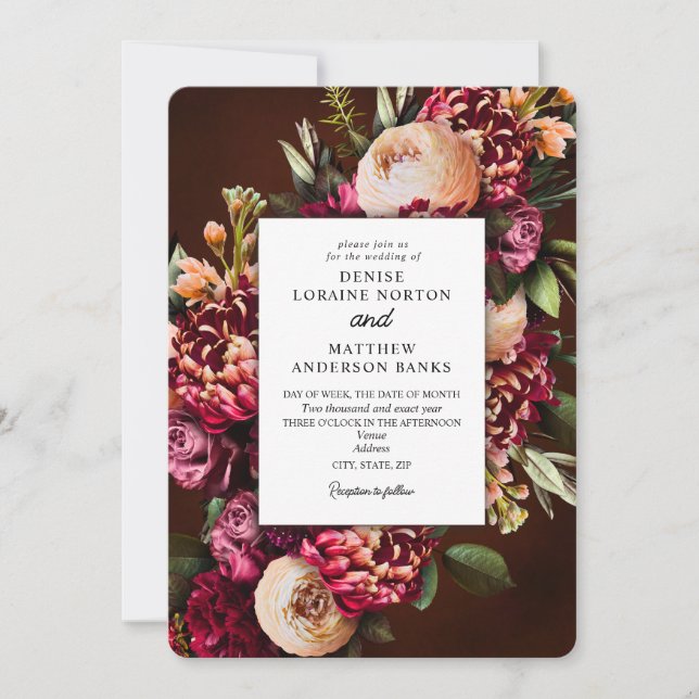 Chrysanthemum on Wine Wedding Invitation (Front)