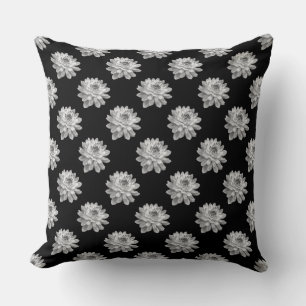 Chrysanthemum Pattern - Monochrome on Black Cushion
