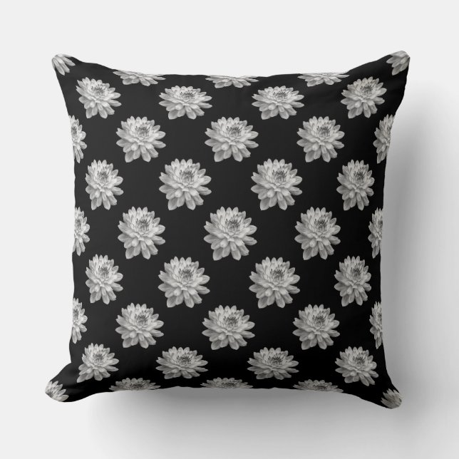 Chrysanthemum Pattern - Monochrome on Black Cushion (Front)