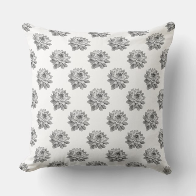 Chrysanthemum Pattern - Monochrome on White Cushion (Front)