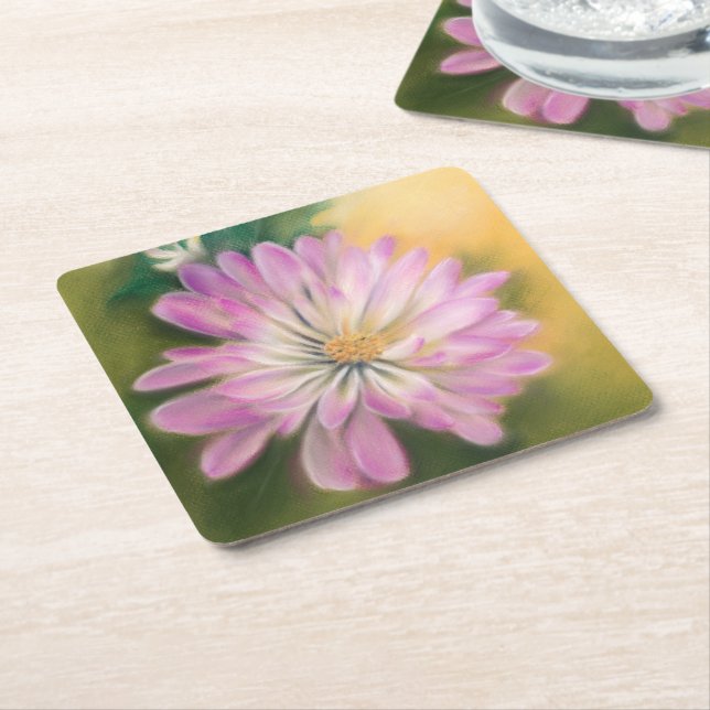 Chrysanthemum Pink and Cream Floral Pastel Square Paper Coaster (Angled)