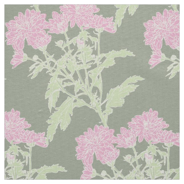Chrysanthemum pink green graphic drawing fabric (Swatch)